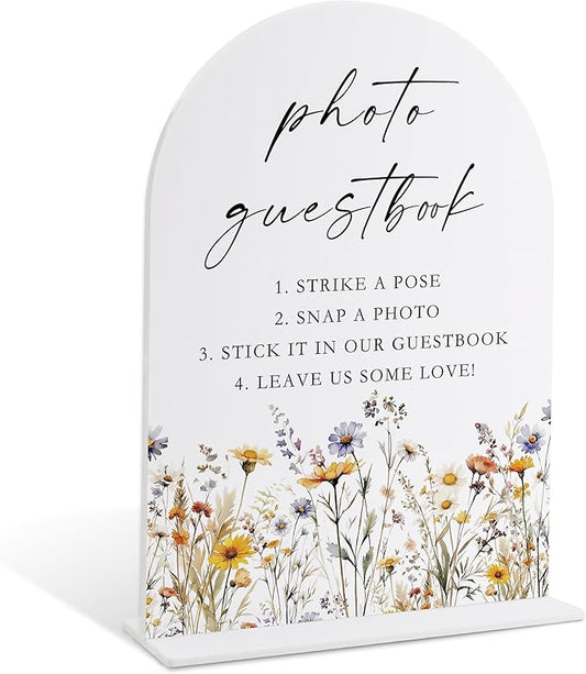 Wedding Signs for Ceremony and Reception, Boho Floral Acrylic Photo Guestbook Sign, Wedding Signage with Stand, Bridal Shower Table Centerpieces, Supplies for Engagement Reception Event Party, 28