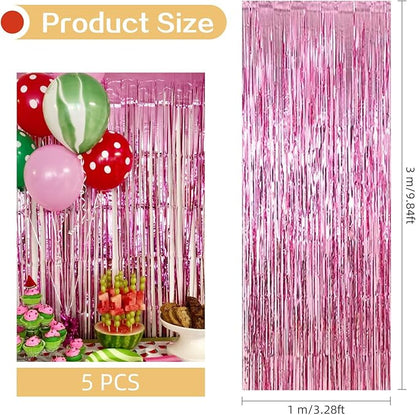 5 Pack Pink Foil Curtain Backdrop 3.2ft x 9.8ft Metallic Tinsel Foil Fringe Curtains Streamer Photo Booth Backdrop for Birthday Party Engagement Bachelorette Party Decorations (Pink)