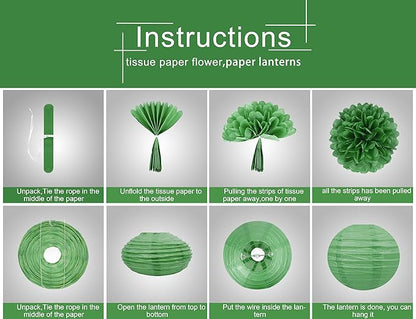 White Green Party Decoration - 15Pcs Tissue Pom Poms Paper Flowers Paper Lanterns Dinosaur Theme Birthday Baby Shower Forest Party Hanging Decor HongTongTong