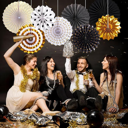 SUNBEAUTY Gold Black Paper Fans Backdrop for Tea Party Weddding Spring Birthday Classroom Baby Shower Halloween Decoration Hanging Home Party - 8Pcs
