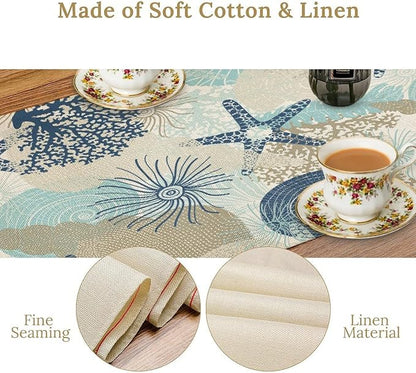 Nautical Coastal Table Runner，Ocean Themed Starfish Coral Conch Beach Kitchen Dinning Table Decoration for Indoor Outdoor Home Party Decor 13x60 Inch