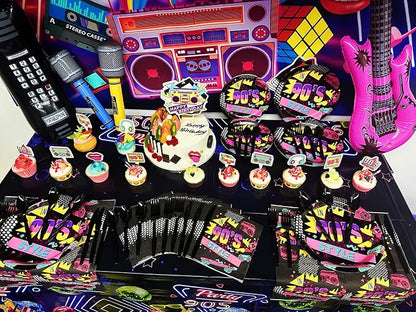 90s Party Decorations 80's 90's Theme Party Bundle includes Inflatable Gitar&Mobile Phone, Back To The 90's Banner, Tablecloth, Cake Toppers, Plates, Napkins, Hip-Hop Backdrop