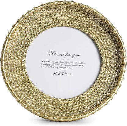 Cuspin Round Picture Frame 4x4 Vintage Gold Frames, Rattan Textured Hand-Crafted Photo Frame with Glass Front, Antique Picture Frame for Tabletop Display & Wall Display, Retro Design Home Decor