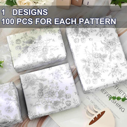 JarThenaAMCS 100 Sheets Floral Tissue Paper Silver Flower Gift Wrapping Paper Vintage Decorative Art Paper for Home Party DIY Crafts Supplies, 14 x 20 Inch
