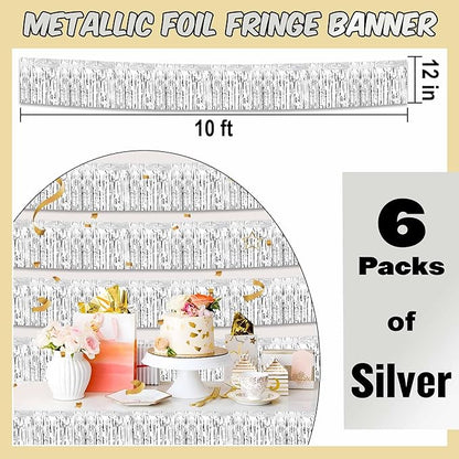 6 Pack 10 Ft Silver Foil Fringe Garland Metallic Streamers Tinsel Banner Wall Hanging Garland Backdrop for Parade Floats, Halloween, Christmas, Thanksgiving, New Year Party Decorations