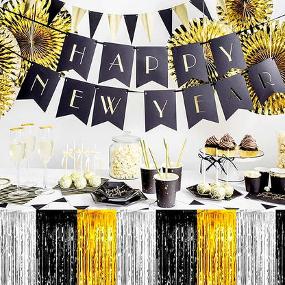 3 Pack Black Gold Silver Foil Fringe Table Skirts Metallic Tinsel Streamers Garland Banner Backdrop for Table Decor, Parade Float, Birthday, Wedding, Halloween, Christmas Party Decorations(29x108 In)