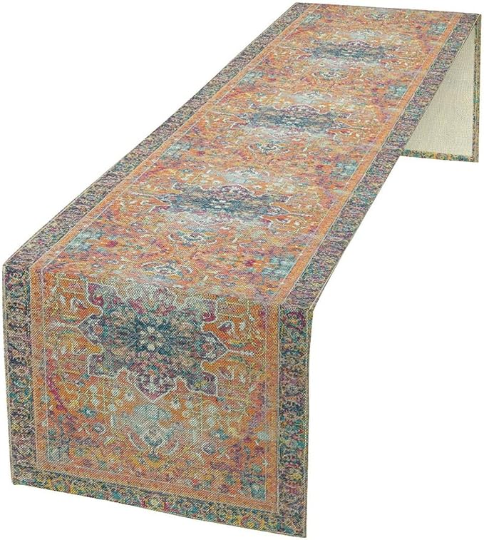 Boho Floral Vintage Table Runner, Orange Retro Flower Rustic Country Farmhouse Abstract Pattern for Home Kitchen Table Decor Dining Coffee Room Party Decor 13x90in