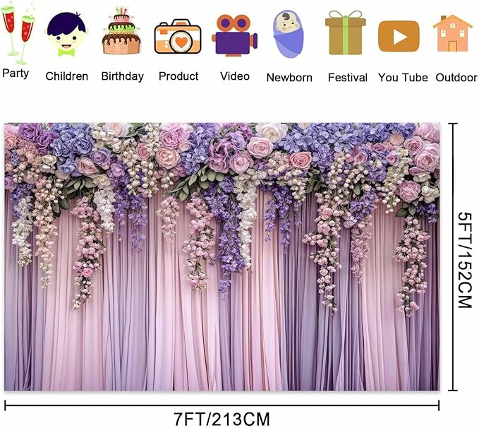 6x4ft Purple Flower Wedding Photography Backdrop Lavender Floral Wedding Bridal Photography Backdrop Anniversary Birthday Baby Shower Girl Party Banner Photo Booth Props Background Wall Decor