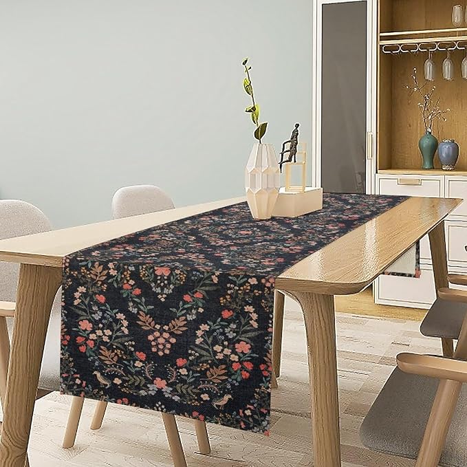 Morris Flower Table Runner, Vintage Blue Floral Rustic Country Style Floral Print Pattern for Home Kitchen Table Decor Dining Coffee Room Garden Party Decor 13x120in