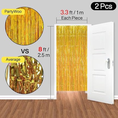 PartyWoo XtraLarge Foil Curtain Gold, 2 pcs 3.3x6.6 ft Tinsel Curtains for Birthday Wedding Party Photo Backdrop