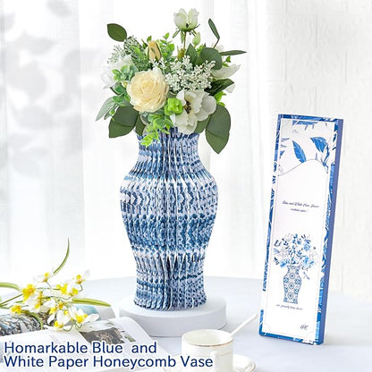 Blue and White Paper Honeycomb Vase, 11.6 Inch Foldable Decorative Vase with Magnetic Closure, Chinoiserie Décor Vase, Reusable Table Centerpiece for Home Decor, Party Decorations