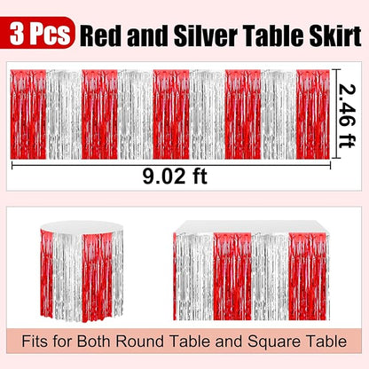 3 Pack 29 x108 Inch Red Silver Foil Fringe Table Skirts Metallic Banner for Tinsel Streamer Garland Backdrop for Parade Floats Wedding Thanksgiving Birthday Christmas New Year Party Decoration