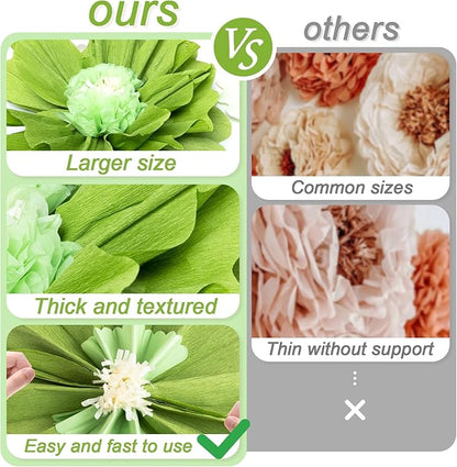 SUNBEAUTY 4 PCS 20" Sage Green Giant Paper Flowers Large Crepe Paper Tissue Flowers Artificial Decorations for Spring Summer Wall Backdrop Birthday Party Wedding Baby Shower Bridal Decorations
