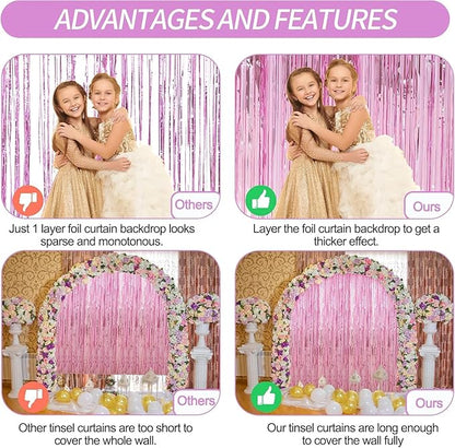 Crosize 8 Pack 3.3 x 9.9 ft Pink Foil Fringe Curtains Party Decorations, Pink Tinsel Curtain Backdrop for Parties, Door Streamers, Glitter Streamer Backdrop for Birthday Decoration