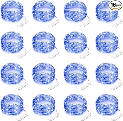 16 Pack Led Fairy Lights Battery Operated String Lights 10 Feet 30 LED Waterproof Twinkle Lights Mason Jar Lights Silver Wire Firefly Lights for Christmas Party Wedding Patio (Blue)