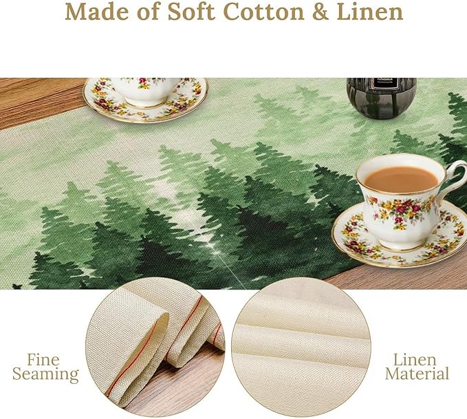 Foggy Forest Table Runner,Watercolor Wreen Misty Forest Landscape Table Runner for Kitchen Dining Table Home Party Decoration 13x108 Inch