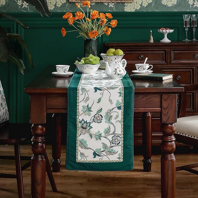 patdrea Designer Elegant French Floral Velvet Table Runner, Teal with Blossoms Pattern Table Mat, Decoration for Kitchen Dining Coffee Table Shelf Cabinet Banquet Thanksgiving,12"*71"