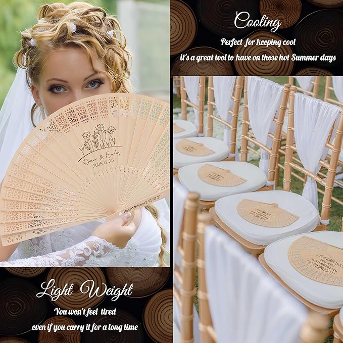 10 PCS Custom Fans Personalized Folding Fans for Line Dancing Wooden Hand Fan Wedding Favors Bulk Fans for Guests Party Event Use (Style15)