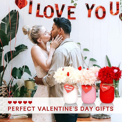 CNVOILA Valentines Table Decor, 6PC Mason Jars, Glass, Cylindrical, White, Red, Pink - Valentine's Day, Anniversary, Wedding, Farmhouse Decor