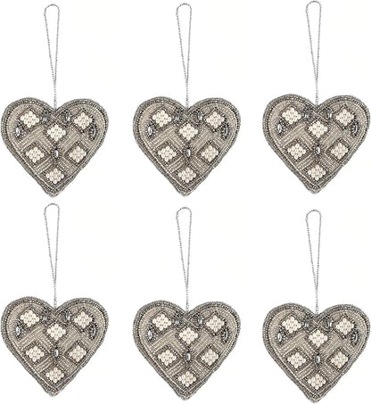 Beaded Heart Hanging Ornaments with Twine - Home Decor Modern Style Beaded Decorative Ornaments for Living Room, Bedroom, Office Desktop, Cabinets - Set of 6 (Grey) - CLEENTABLE