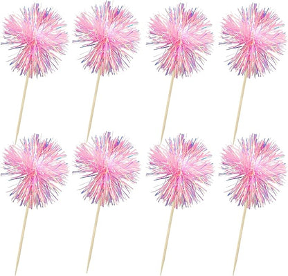 Ephlyn 30Pcs Foil Firework Cupcake Toppers Sparkle Tinsel Cupcake Picks Happy Birthday Cake Toppers Drink Cocktail Food Fruit Toothpicks for Baby Shower Birthday Party Supplies Pink