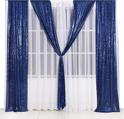 Poise3EHome 2ft x 8ft Blue Sequin Photography Backdrop Curtains 2 Panels for Party Decoration, Navy Blue