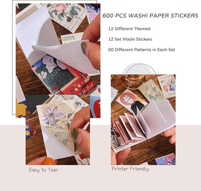 12 Sets 600 Sheets Washi Stickers for Journaling, Boho, Abstract, Vintage Scrapbook Sticker Set for Bullet Journal Art Diary Card Craft Gifts Planner Notebook