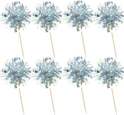 Ephlyn 30Pcs Foil Firework Cupcake Toppers Happy Birthday Cake Toppers Tinsel Flower Drink Stirrers Cocktail Food Fruit Toothpicks for Valentine's Day Party Decorations Silver