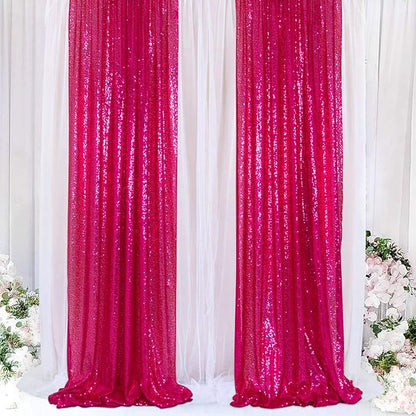 ShinyBeauty Sequin Curtains Panels Hot Pink Sequin Backdrops 4 Pieces Photo Backdrop Shimmer Background for Baby Shower Fuchsia Fabric Curtain New Year,Birthday Party,Holiday Decor (2Ftx8Ft)