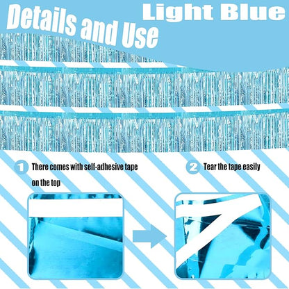 6 Pack 10 Feet Foil Fringe Garland Metallic Tinsel Streamers Banner Wall Hanging Curtain Backdrop Banner for Parade Floats, Thanksgiving, Christmas, Birthday, Halloween Party Decorations(Light Blue)