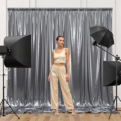10x10FT Charcoal Silver Sequin Backdrop - 2 Panels 5x10FT Wrinkle-Free Glitter Drapes for Weddings, Parties & Events