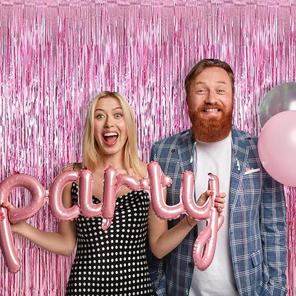 10 Pack Pink Foil Curtain Backdrop 3.2ft x 9.8ft Metallic Tinsel Foil Fringe Curtains Streamer Photo Booth Backdrop for Birthday Party Engagement Bachelorette Party Decorations (Pink)