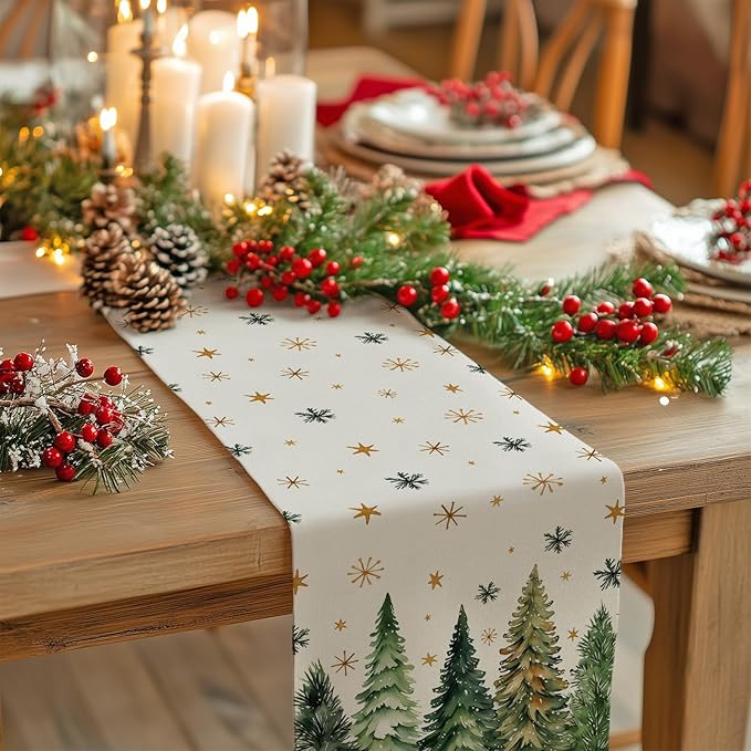 GEEORY Christmas Table Runner 13x108 Inch, Xmas Tees Snowflakes Holiday Decorative Farmhouse Table Decoration for Kitchen Dinning, Indoor Outdoor Dinner Party Decor (Light Green) GT166-108