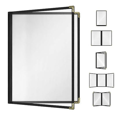Goodsmart Restaurant Menu Covers - 25 Pack Black 8.5" x 11", 2-Page/4-View, Side-Loading Vinyl Menu Holders, Clear Sleeves, Double-Stitched Edge, Leather-Style Café Covers with Gold Corners