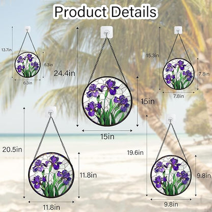 Stained Glass Window Hanging - Purple Iris Flower Sun Catcher for Door Terrace Garden Home Decor, Green Plants Suncatcher Birthday Gifts for Lovers Women Men Dad Mom Nana 15 in