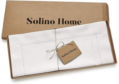 Solino Home White Table Runner 120 Inches Long - Cotton Linen Hemstitch 14 x 120 Inch Table Runner for Dining, Fall, Autumn, Halloween, Thanksgiving, Christmas, Holiday