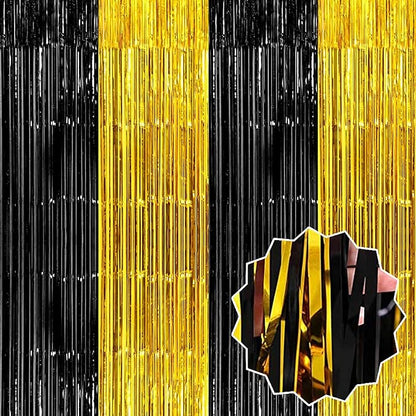 6 Pack Black and Gold Foil Fringe Curtains Backdrop, 3.28 x 8.2 Ft Metallic Streamers Tinsel Curtains Background for Photo Booth, Birthday, Weddings, Carnivals, Graduation, Themed Party Decorations