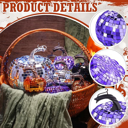 Lenwen 12 Pcs Artificial Disco Pumpkin Glitter Mirror Pumpkin for Decorating Fall Farmhouse Hanging Ornament Harvest Decor for Halloween Thanksgiving Table Centerpiece(Orange, Sliver, Black, Purple)
