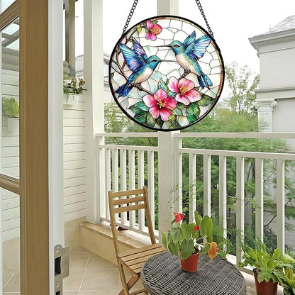 Stained Glass Window Hanging - Blue White Hummingbirds Pink Flowers Suncatcher for Door Terrace Garden Home Decor Bird Sun Catcher Birthday Gifts for Lovers Women Men Dad Mom Nana 7.8 in