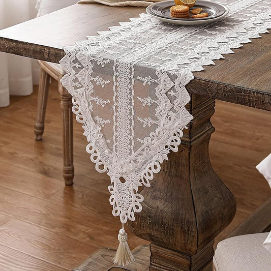 patdrea Designer Vintage White Lace Table Runner,Crochet Decorative Table Covers,Chiffon Embroidered Tasseled Table Runners, Cutwork Dresser Runners,Christmas Wedding Party Bridal 16x63 Inches Long