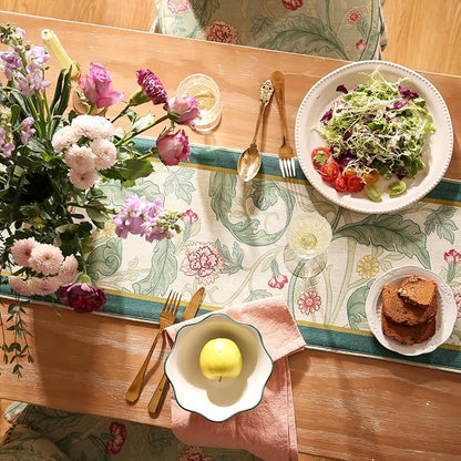 patdrea Designer Green Floral Table Runner,French Elegant Vibrant Rustic Linen with Green Leaves Patterns Fabric Table Mat,Decoration for Kitchen Dining Room Banquet Christmas,12"*102"