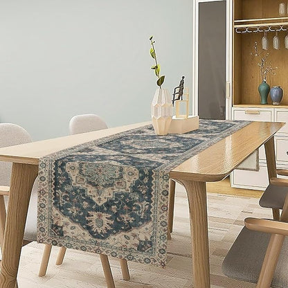 Boho Bohemia Style Table Runner, Vintage Blue Retro Flower Rustic Country Style Floral Print Pattern for Home Kitchen Table Decor Dining Coffee Room Garden Party Decor 13x120in