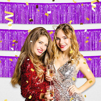 4 Pack 10 Feet Purple Foil Fringe Garland Metallic Tinsel Streamers Banner Wall Hanging Curtain Backdrop for Parade Floats, Wedding, Graduate, Mother's Day, Birthday Party Decoration