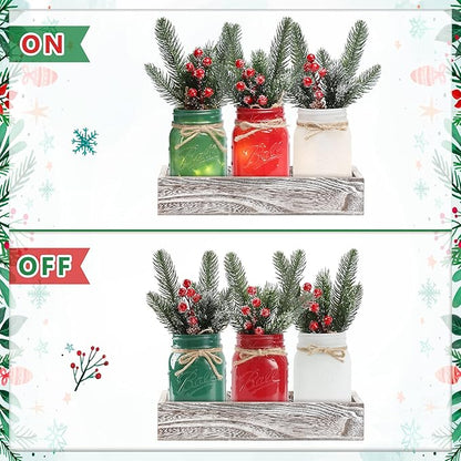 Christmas Mason Jars, Christmas Centerpiece Table Settings, Wood Tray with 3 Painted Jars, Dining Coffee Table Centerpiece, For Kitchen, Living Room, Colorful Mason Jar Decor with Flowers