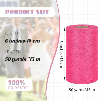 Glitter Tulle Rolls 6” by 50 Yards Sparkle Tulle Fabric Ribbon Sequin Tulle Netting Rolls for DIY Tutu Skirt Wedding Birthday Party Decoration (Fuchsia)