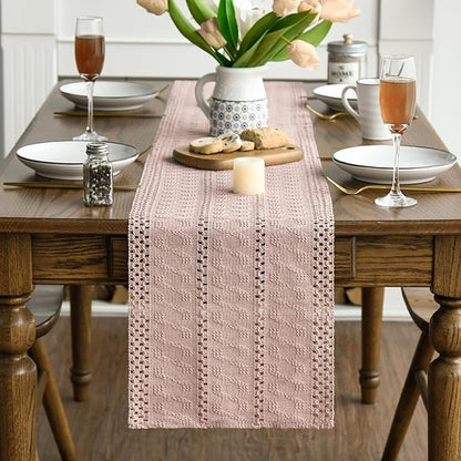 Artoid Mode Pink Farmhouse Woven Rustic Hollow Table Runner, Seasonal Holiday Hollow Kitchen Dining Table Decoration for Home Party Decor 12x72 Inch