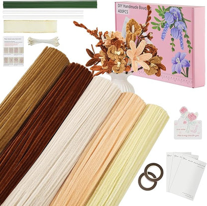 400 PCS Soft Pipe Cleaners Bulk,5 Colors Pipe Cleaners Craft for Flowers with Floral Wire,Gardening Tape,Greeting Card,Bouquet Paper,Hot Glue Stick,Stamen & Ribbon,Ideals for DIY Holiday Deco