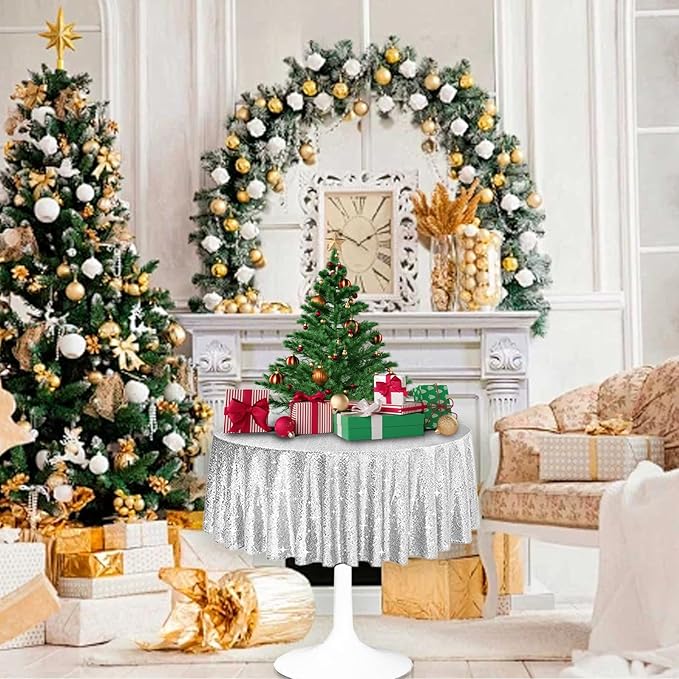 6 Pcs Silver Sequin Tablecloth 50Inch Silver Round Tablecloth Overlay Round Table Cloth Silvers Glitter Tablecloth Round Sparkly Drape Tables Cloth for Wedding Party Cake Holiday Banquet