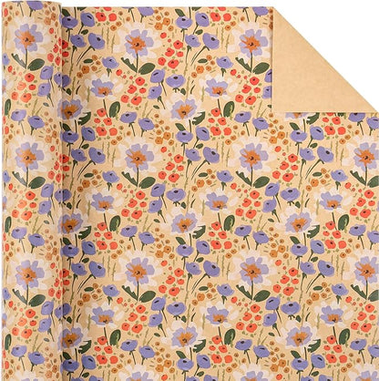 WRAPAHOLIC Kraft Floral Wrapping Paper Roll - Mini Roll - 17 Inch x 33 Feet - Watercolor Flower Wrapping Paper, Perfect for Wedding, Birthday, Bridal Shower, Tea Party