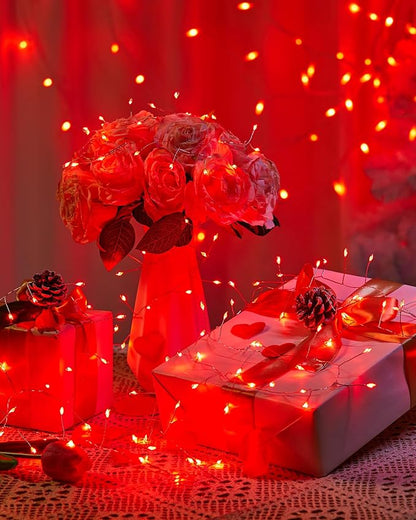 Red Fairy Lights Battery Operated, Valentine's Day Silver Wire 5 Feet 60 Led Firecracker String Lights for DIY Wreath Home Wedding Party Bedroom Mason Jar Holiday Christmas